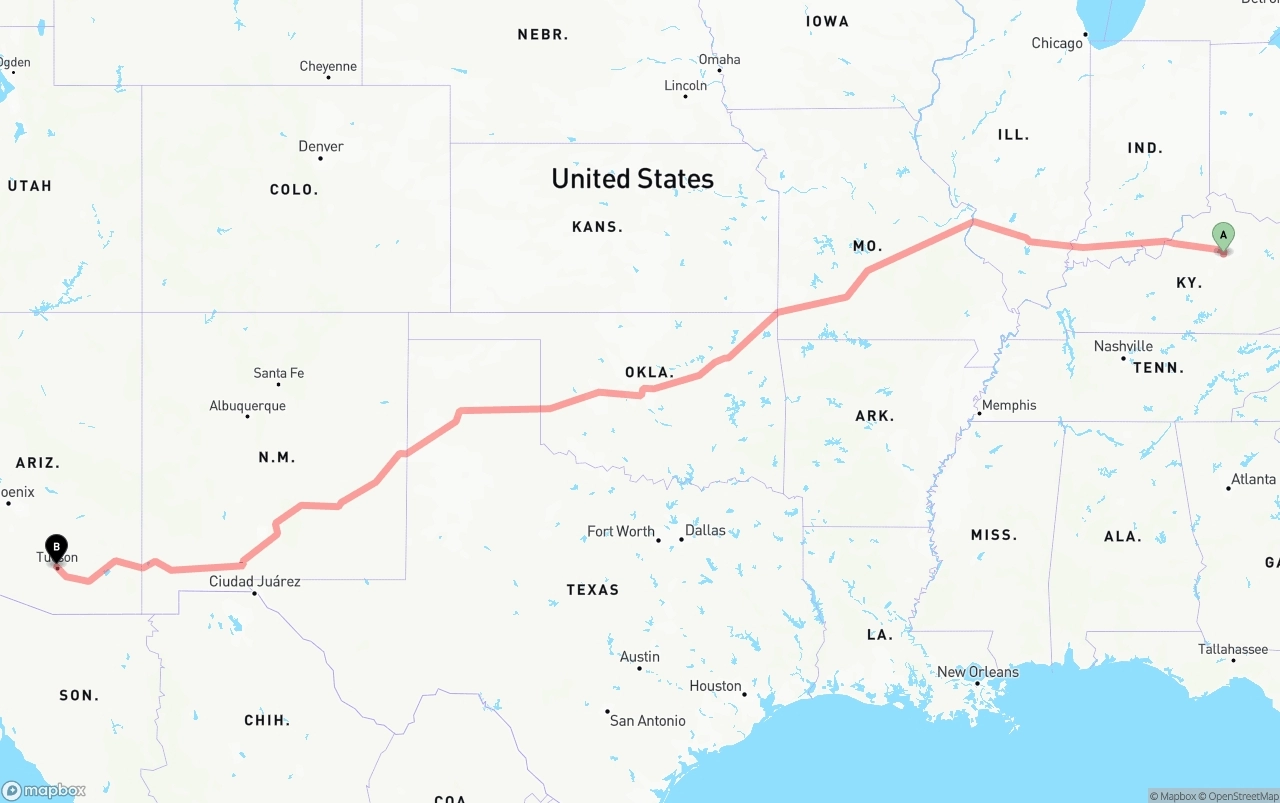 Shipping route from Lexington to Tucson
