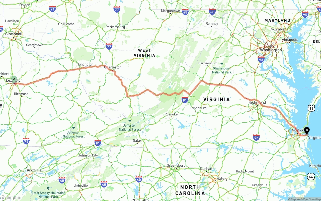 Shipping route from Lexington to Virginia Beach