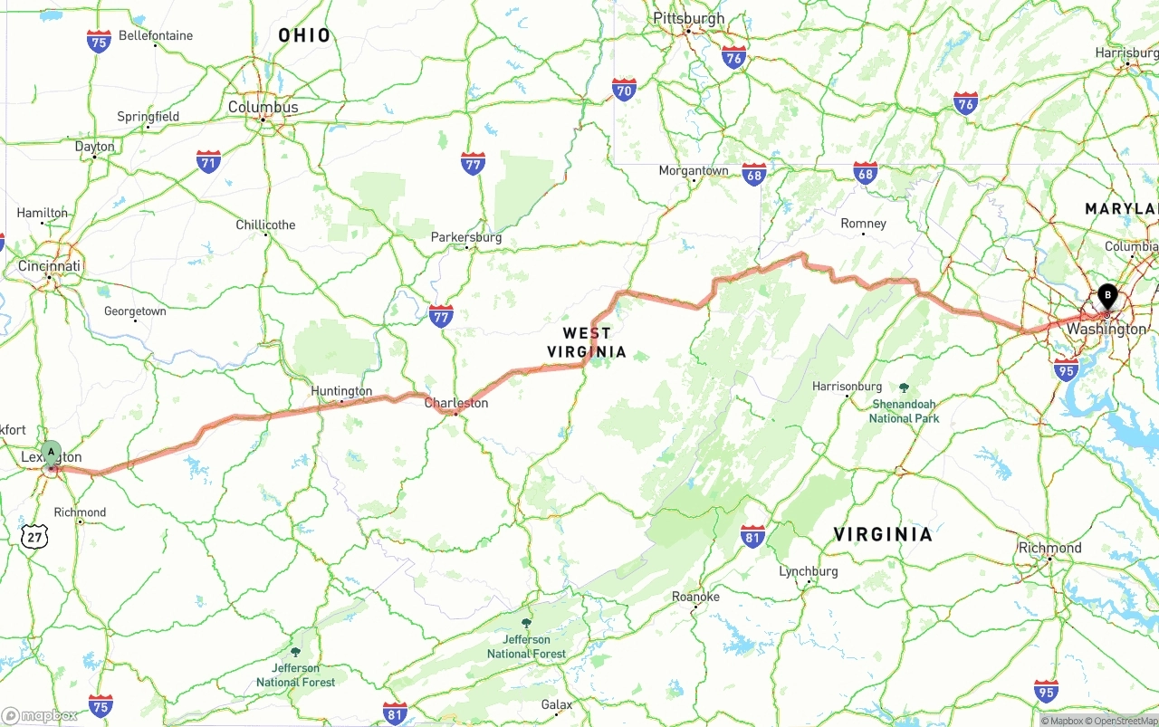 Shipping route from Lexington to Washington D.C.