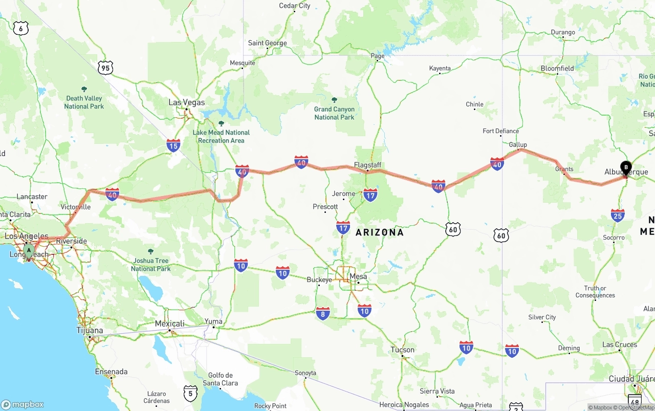 Shipping route from Long Beach to Albuquerque
