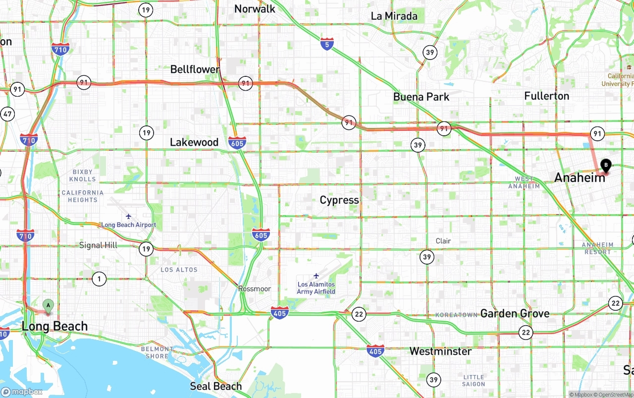 Shipping route from Long Beach to Anaheim