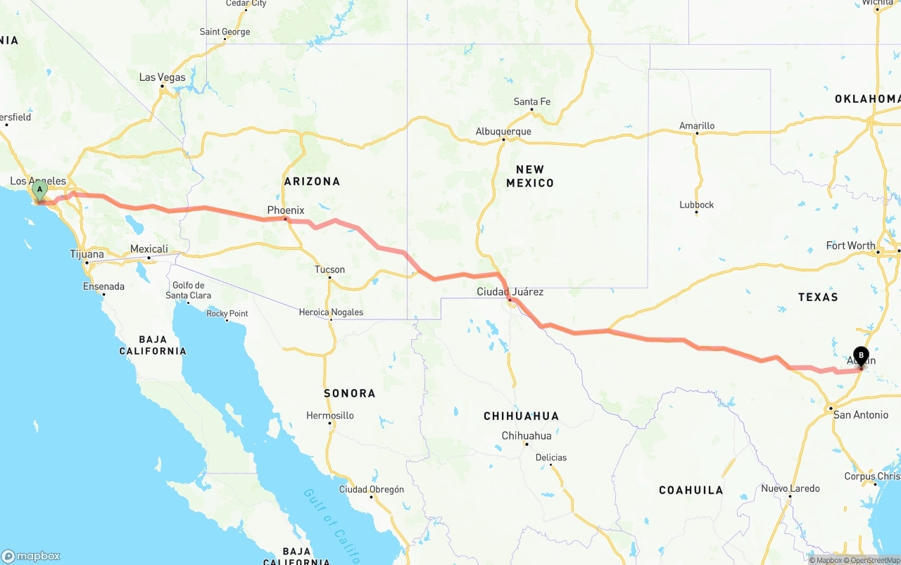 Shipping route from Long Beach to Austin
