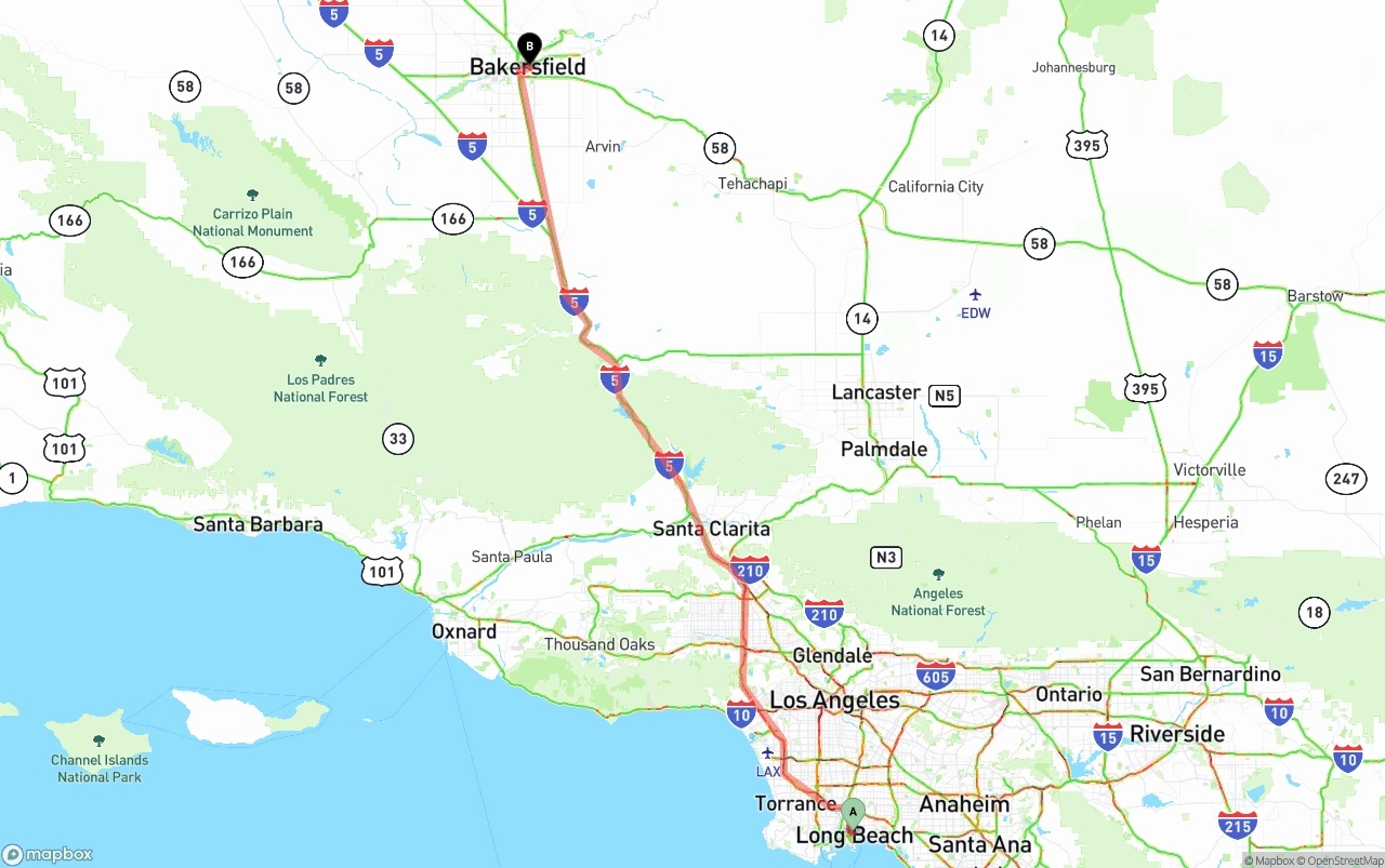 Shipping route from Long Beach to Bakersfield
