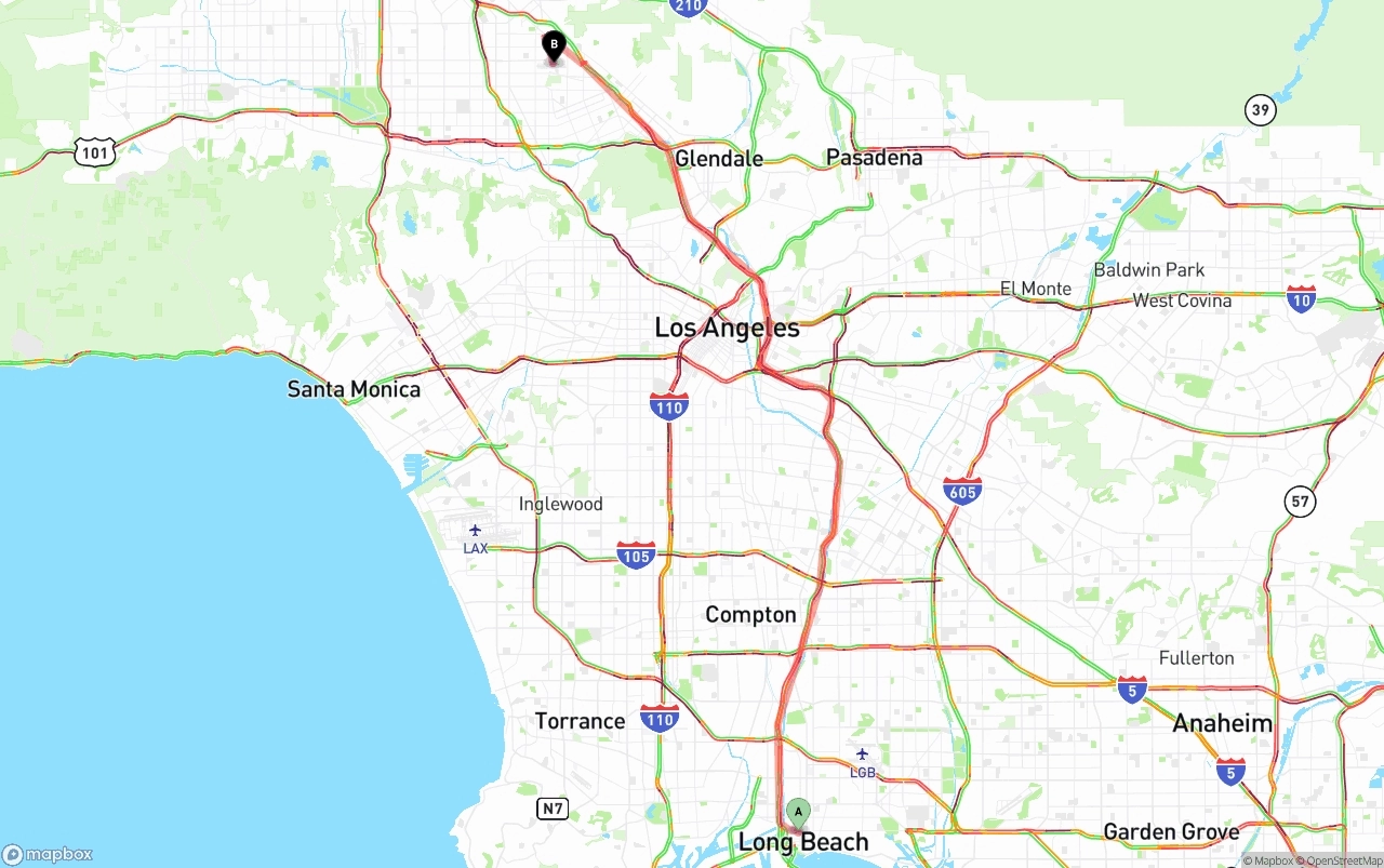 Shipping route from Long Beach to Bob Hope Airport
