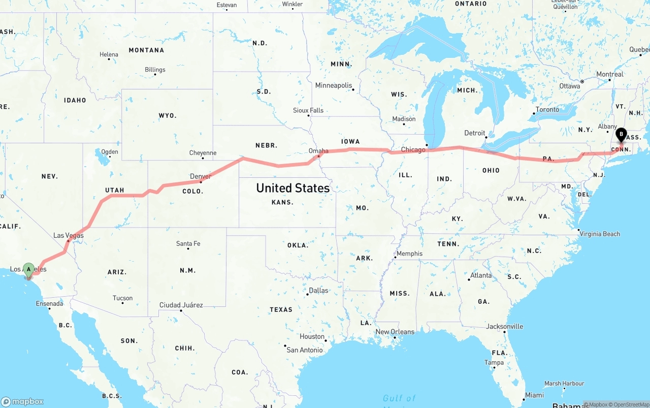 Shipping route from Long Beach to Bradley International Airport