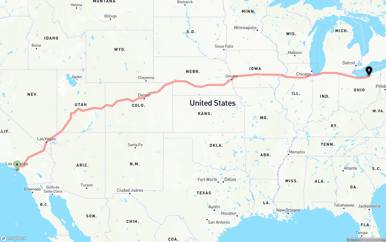 Shipping route from Long Beach to Cleveland