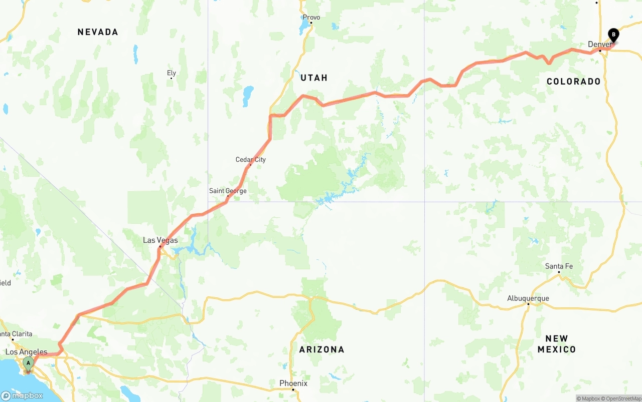 Shipping route from Long Beach to Denver International Airport