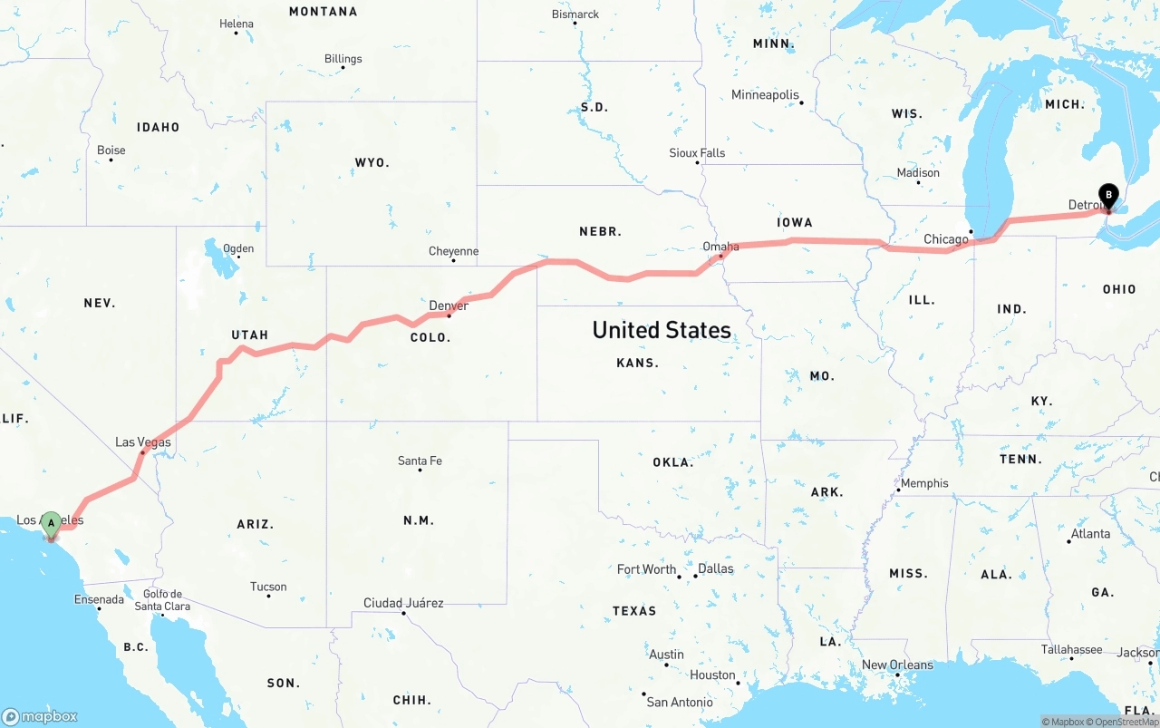 Shipping route from Long Beach to Detroit