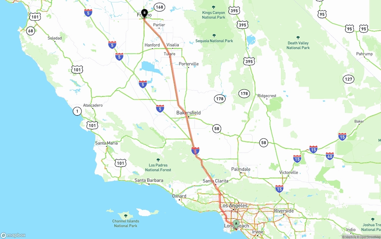 Shipping route from Long Beach to Fresno