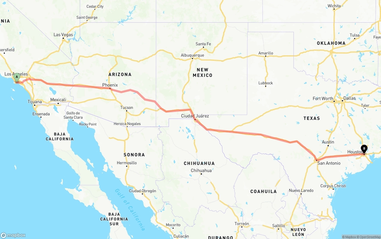 Shipping route from Long Beach to Houston