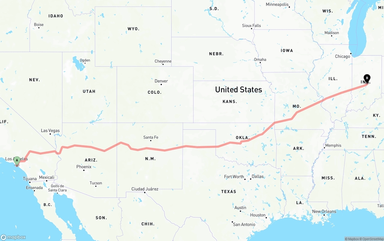 Shipping route from Long Beach to Indianapolis