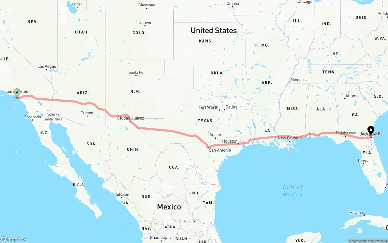 Shipping route from Long Beach to Jacksonville International Airport