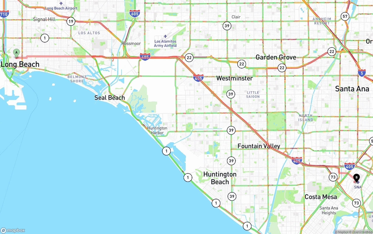 Shipping route from Long Beach to John Wayne Airport — Orange County
