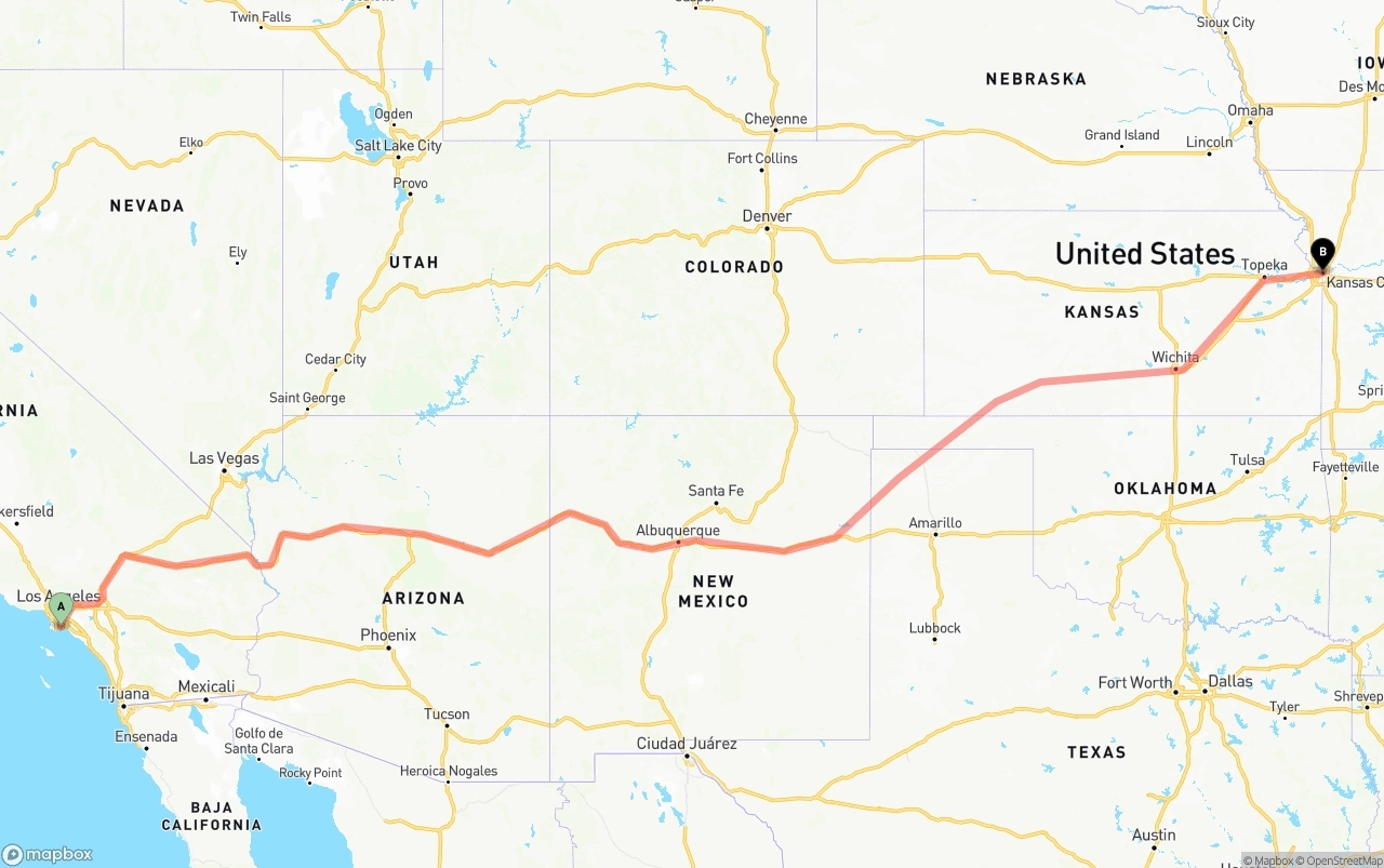 Shipping route from Long Beach to Kansas City