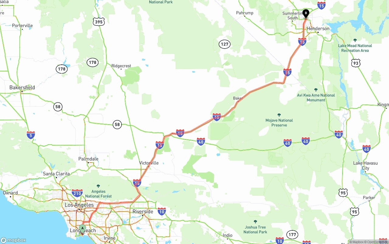 Shipping route from Long Beach to Las Vegas