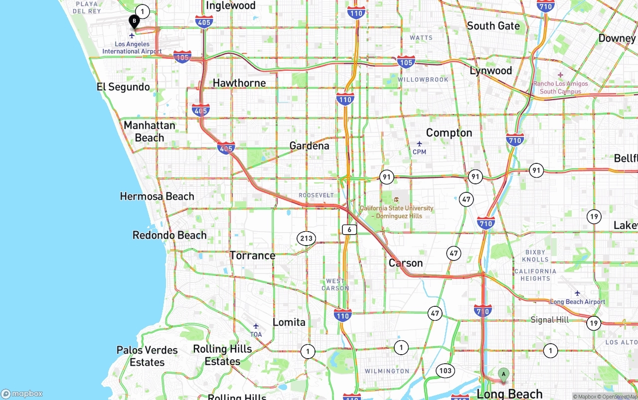 Shipping route from Long Beach to Los Angeles International Airport