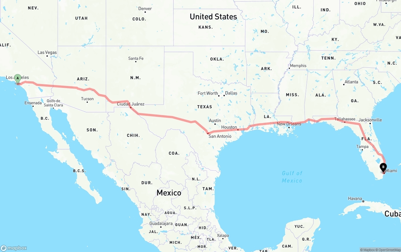 Shipping route from Long Beach to Miami International Airport