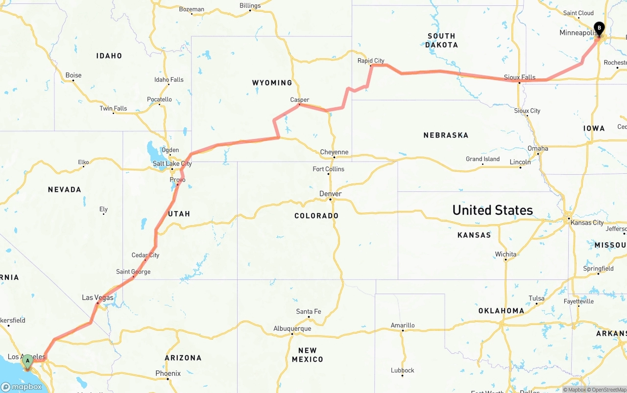 Shipping route from Long Beach to Minneapolis