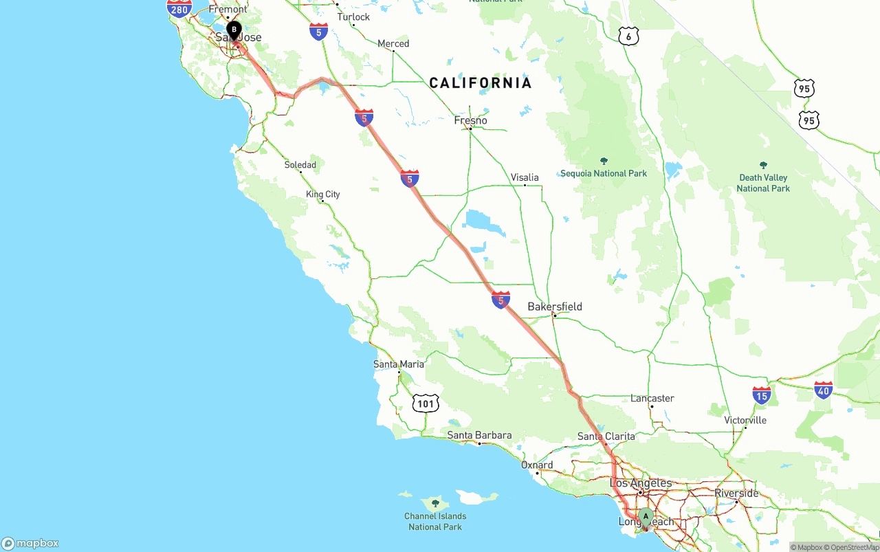 Shipping route from Long Beach to Norman Y. Mineta San Jose International Airport