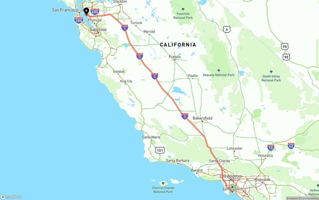 Shipping route from Long Beach to Oakland International Airport
