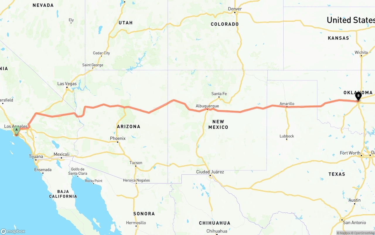 Shipping route from Long Beach to Oklahoma City