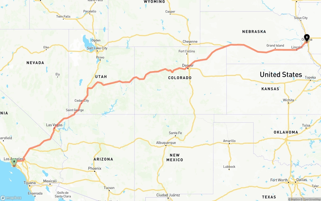 Shipping route from Long Beach to Omaha