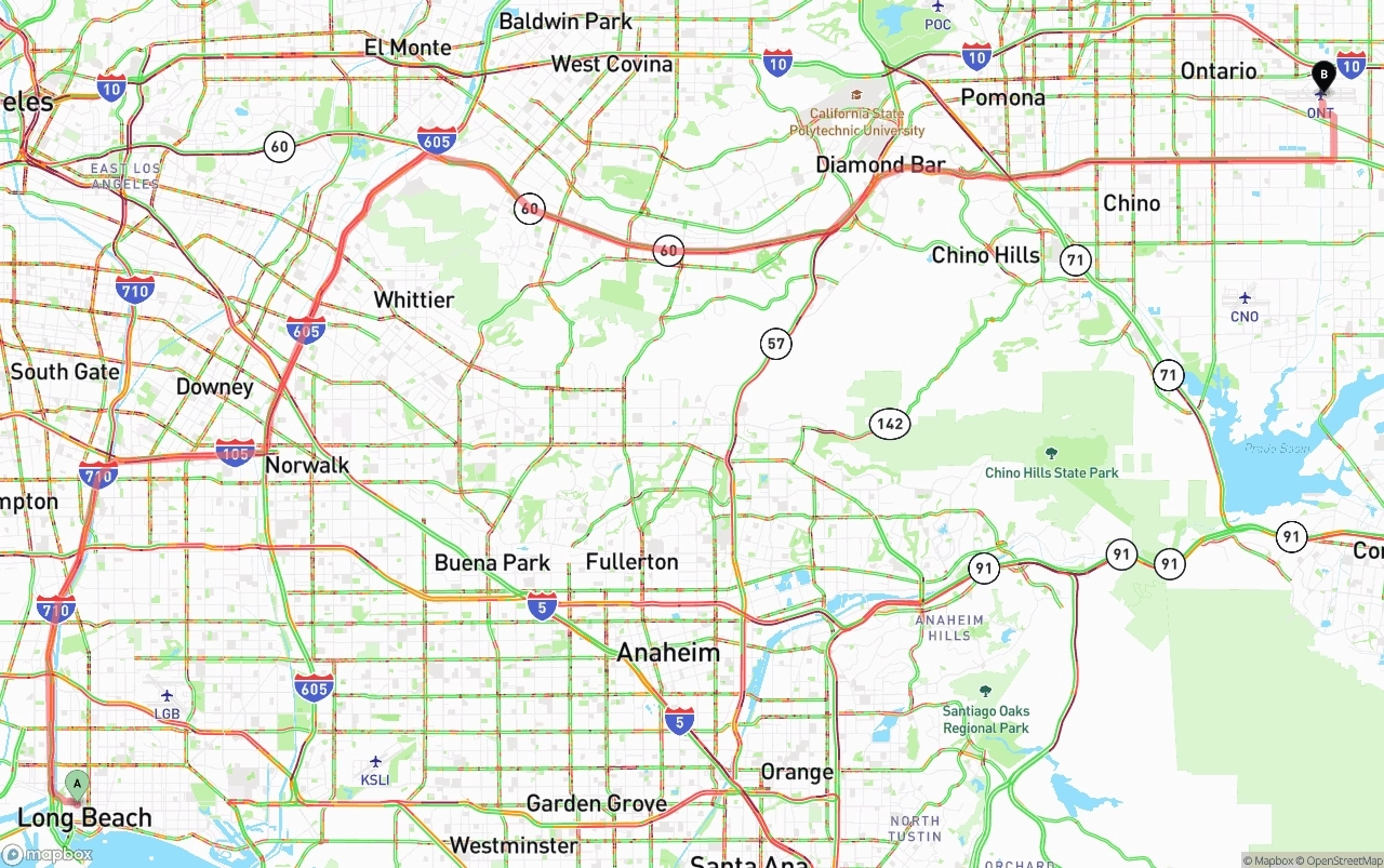 Shipping route from Long Beach to Ontario International Airport