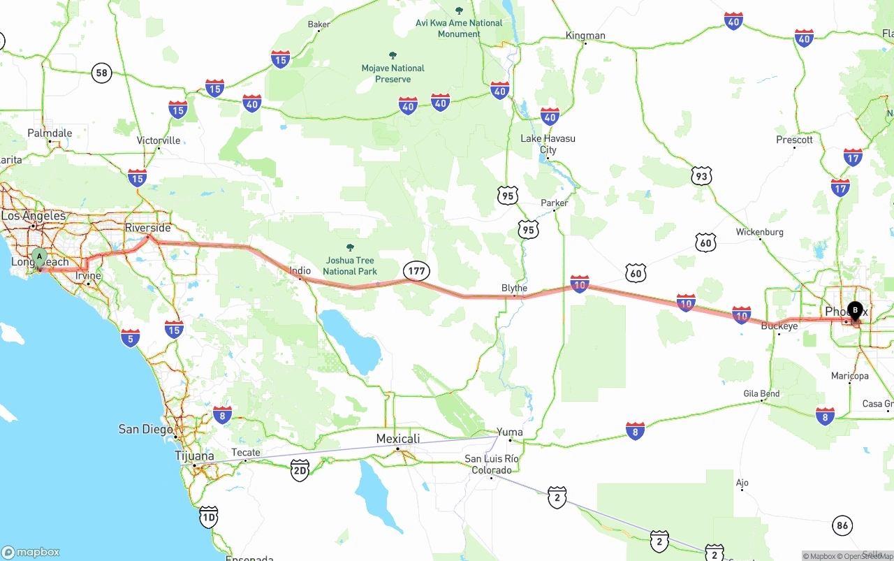 Shipping route from Long Beach to Phoenix Sky Harbor International Airport
