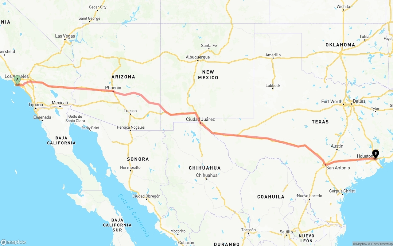 Shipping route from Long Beach to Port of Houston
