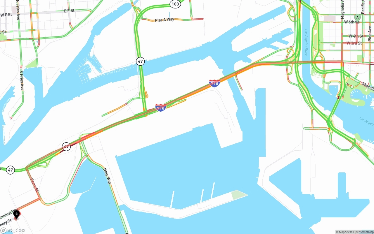 Shipping route from Long Beach to Port of Los Angeles