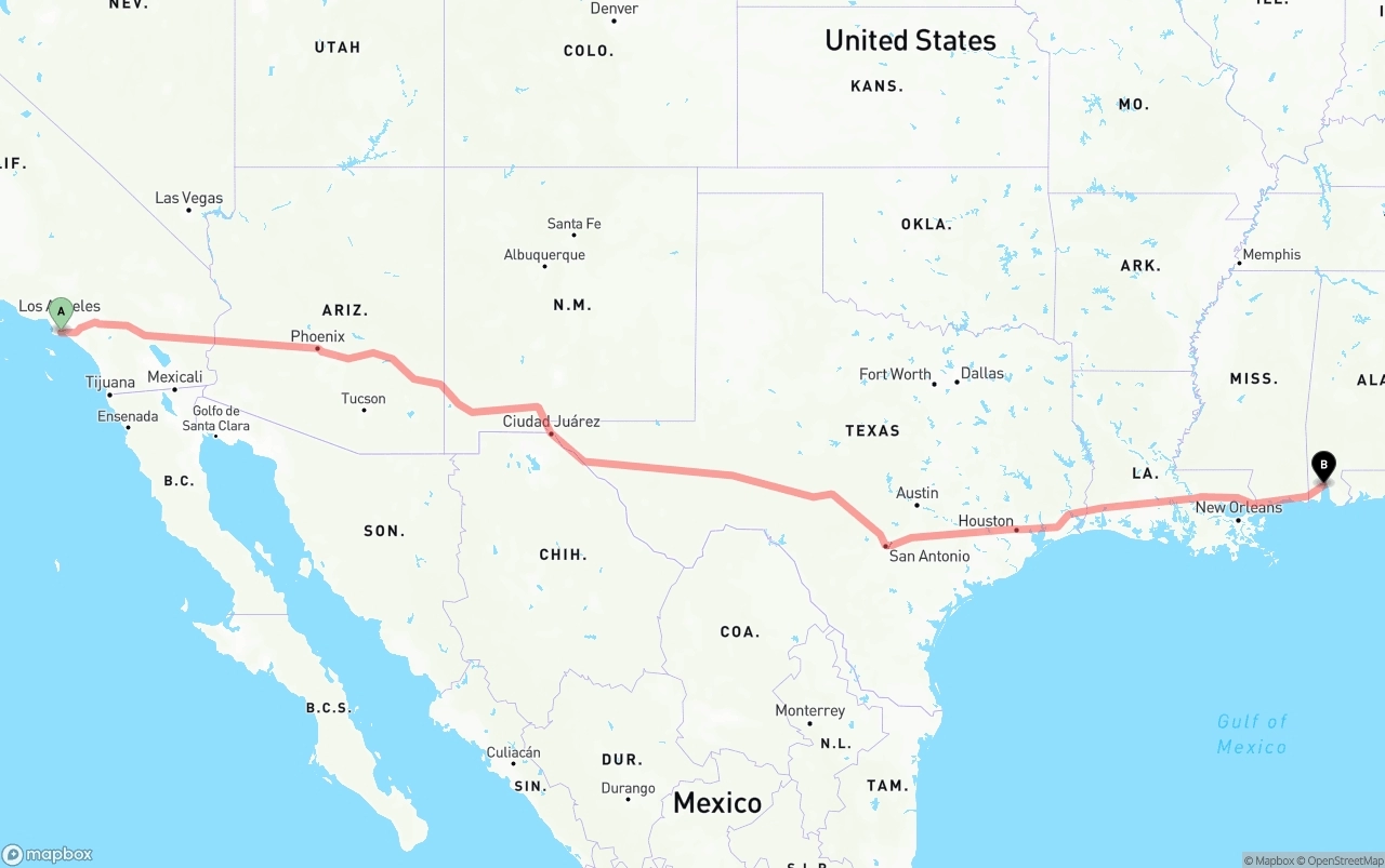 Shipping route from Long Beach to Port of Mobile