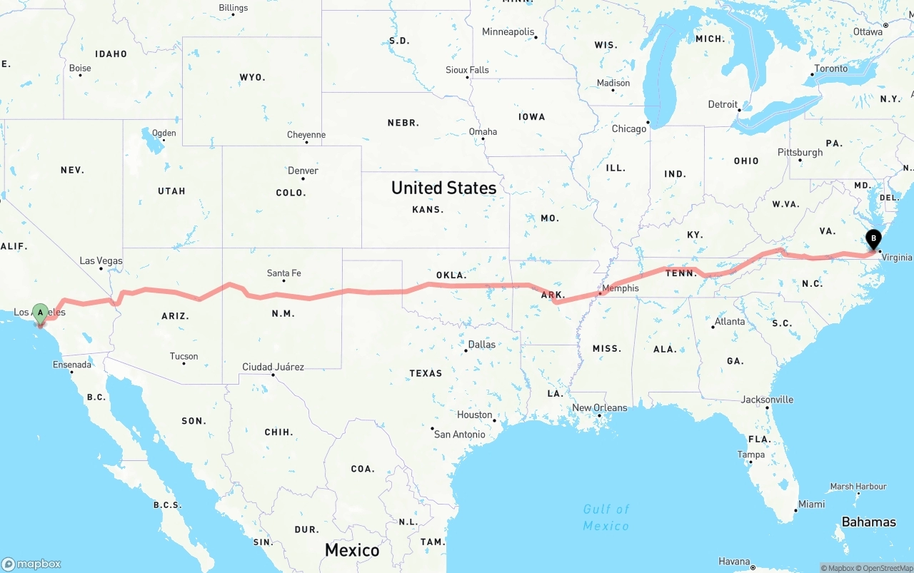 Shipping route from Long Beach to Port of Norfolk