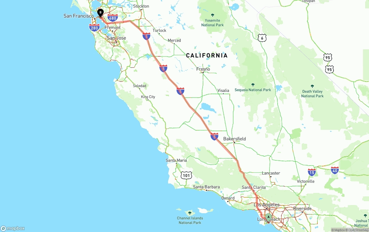 Shipping route from Long Beach to Port of Oakland