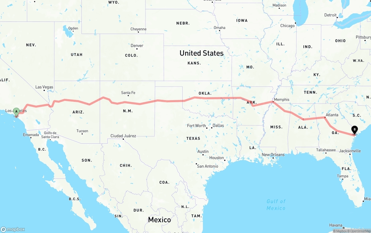 Shipping route from Long Beach to Port of Savannah