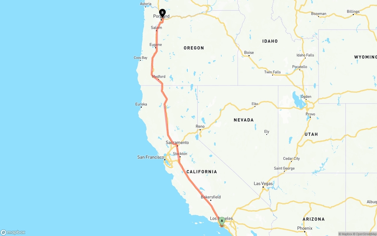 Shipping route from Long Beach to Portland International Airport