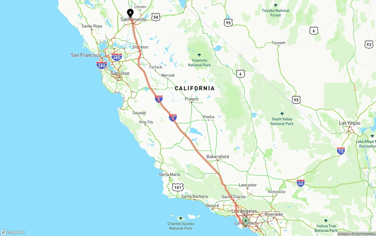 Shipping route from Long Beach to Sacramento International Airport
