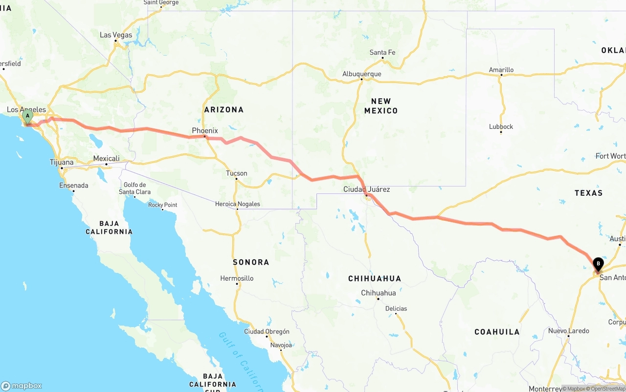 Shipping route from Long Beach to San Antonio