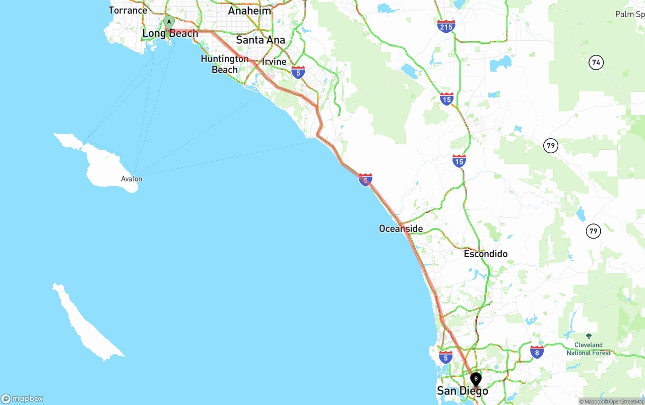 Shipping route from Long Beach to San Diego