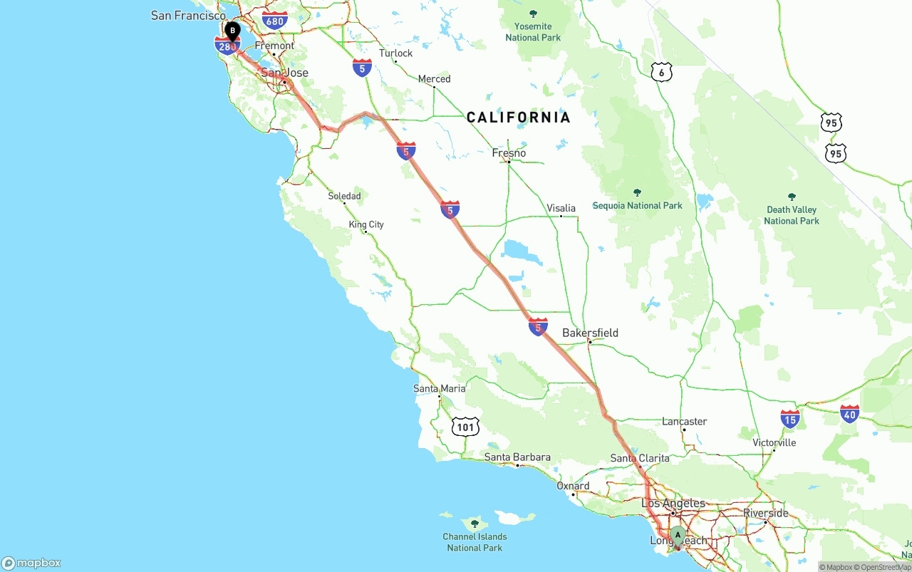 Shipping route from Long Beach to San Francisco International Airport