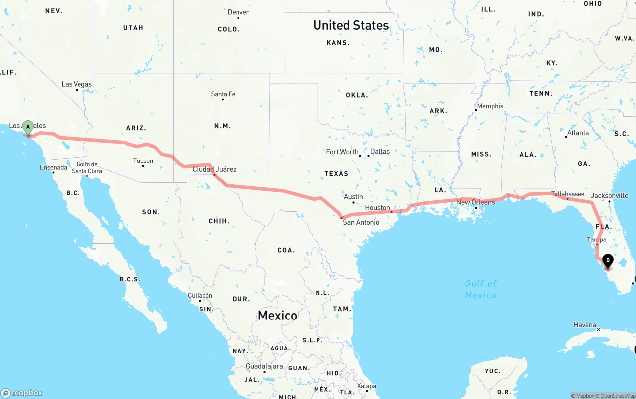 Shipping route from Long Beach to Southwest Florida International Airport