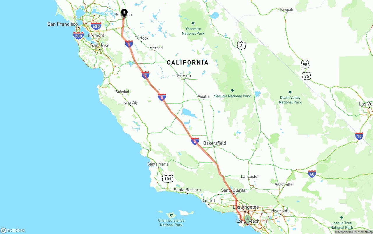 Shipping route from Long Beach to Stockton
