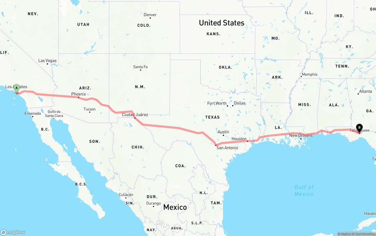 Shipping route from Long Beach to Tallahassee