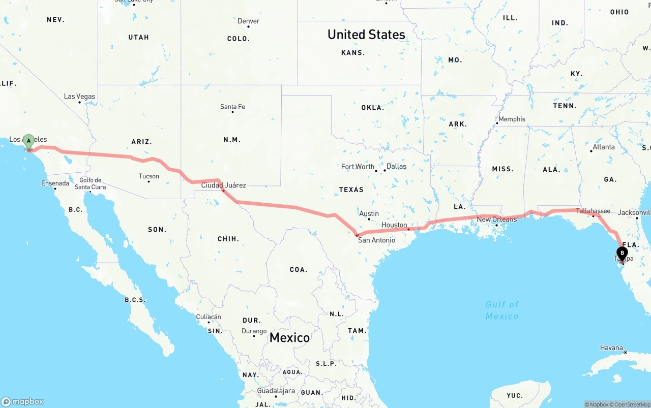 Shipping route from Long Beach to Tampa International Airport