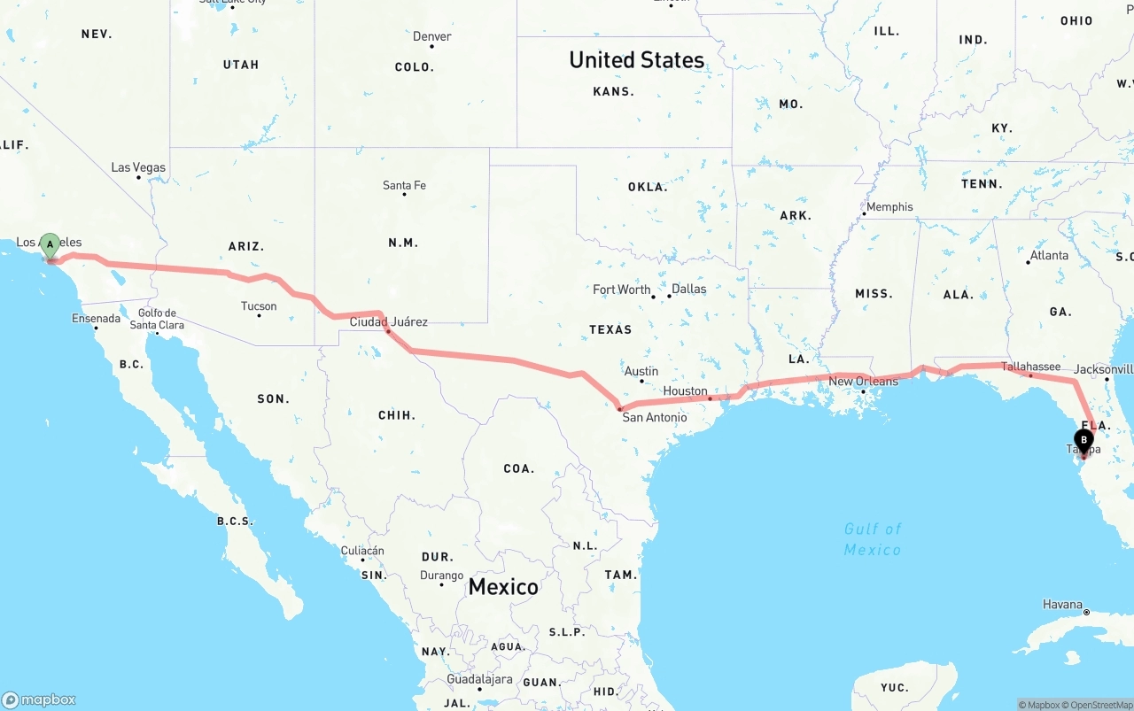 Shipping route from Long Beach to Tampa