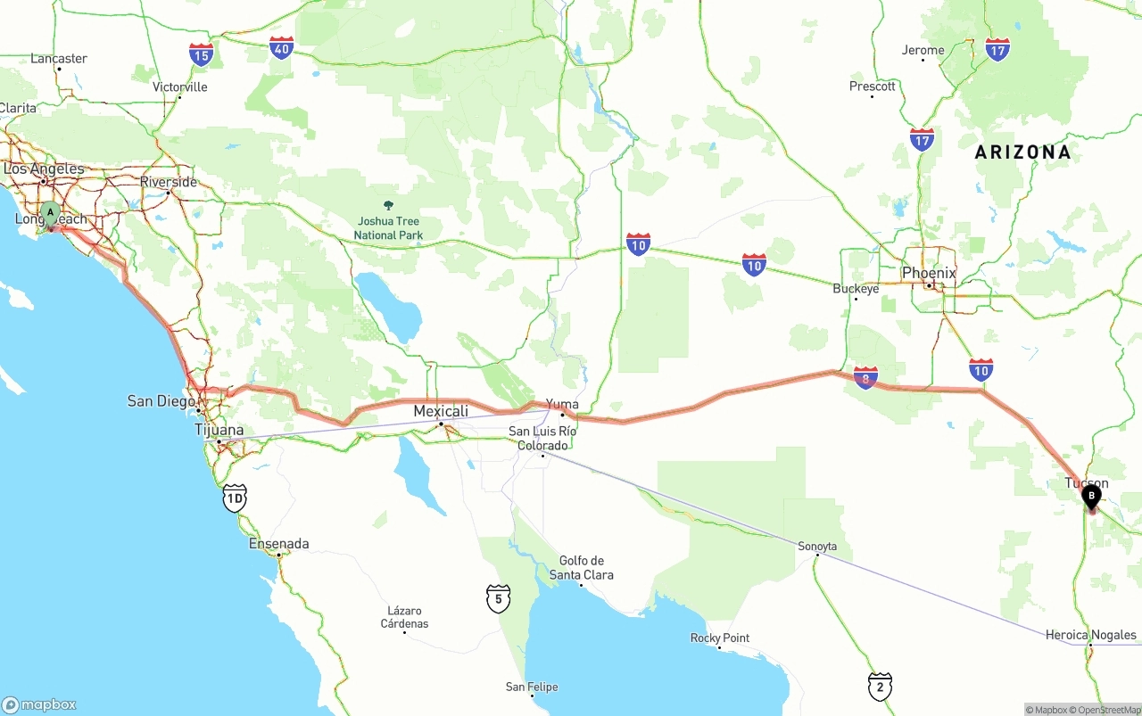 Shipping route from Long Beach to Tucson International Airport