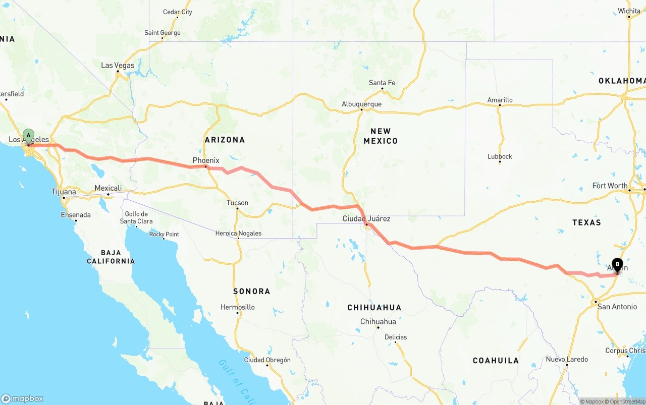 Shipping route from Los Angeles to Austin
