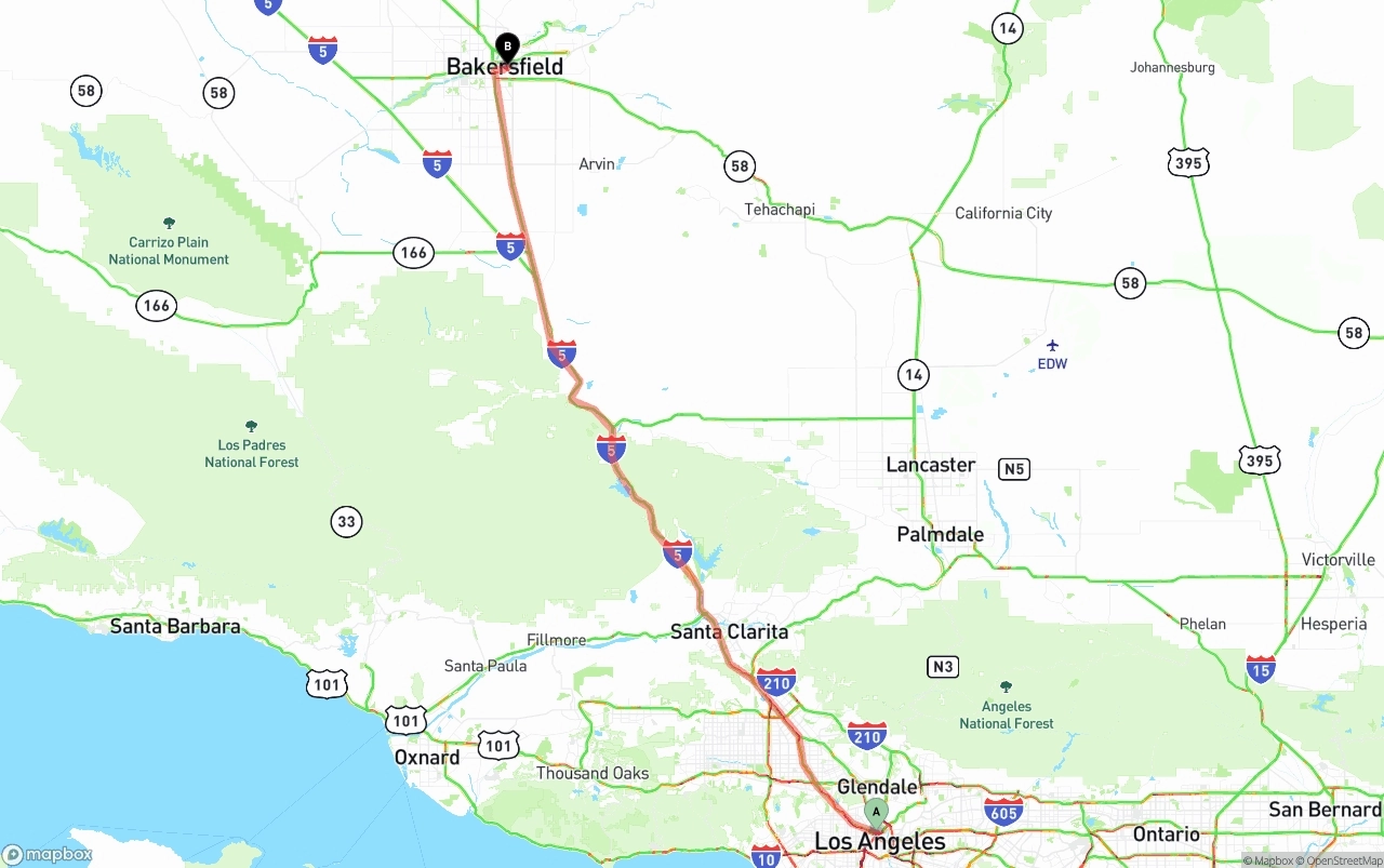 Shipping route from Los Angeles to Bakersfield
