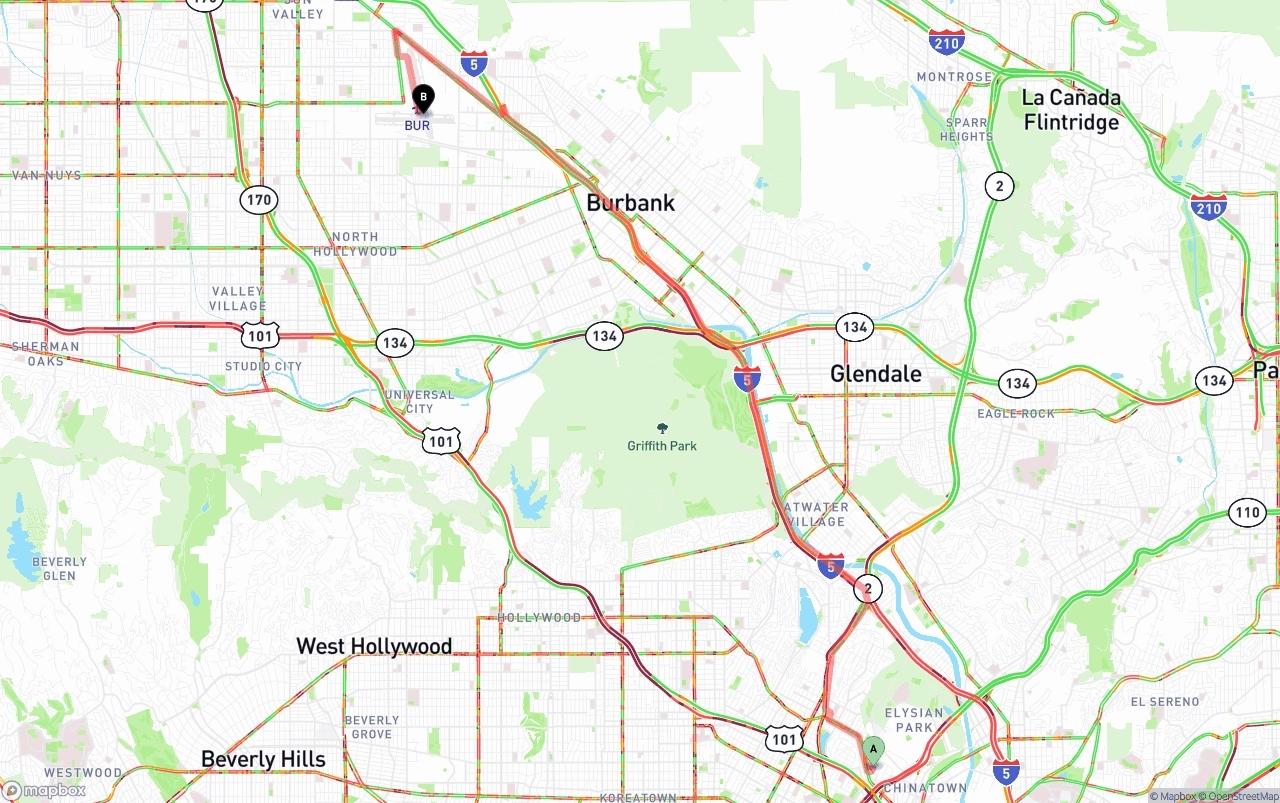 Shipping route from Los Angeles to Bob Hope Airport
