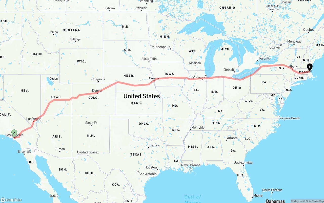 Shipping route from Los Angeles to Boston