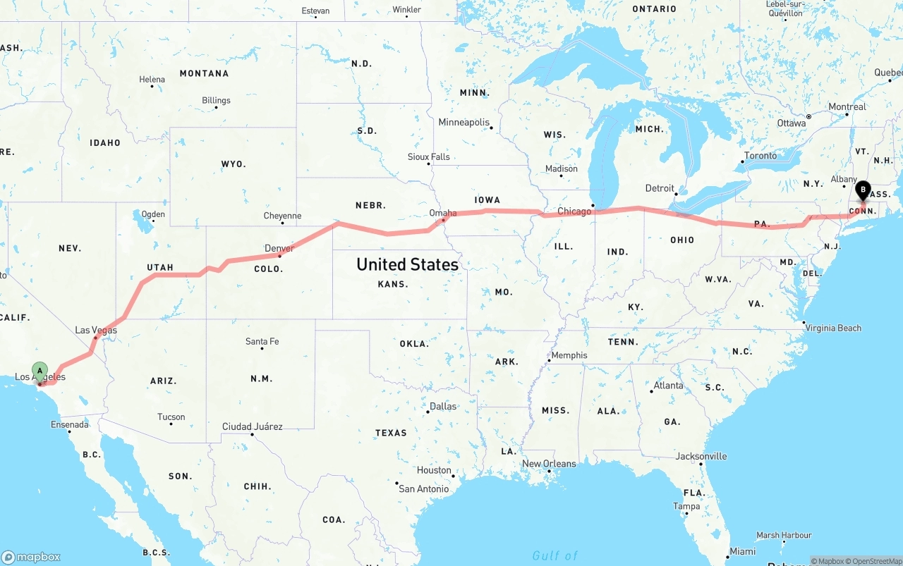 Shipping route from Los Angeles to Bradley International Airport